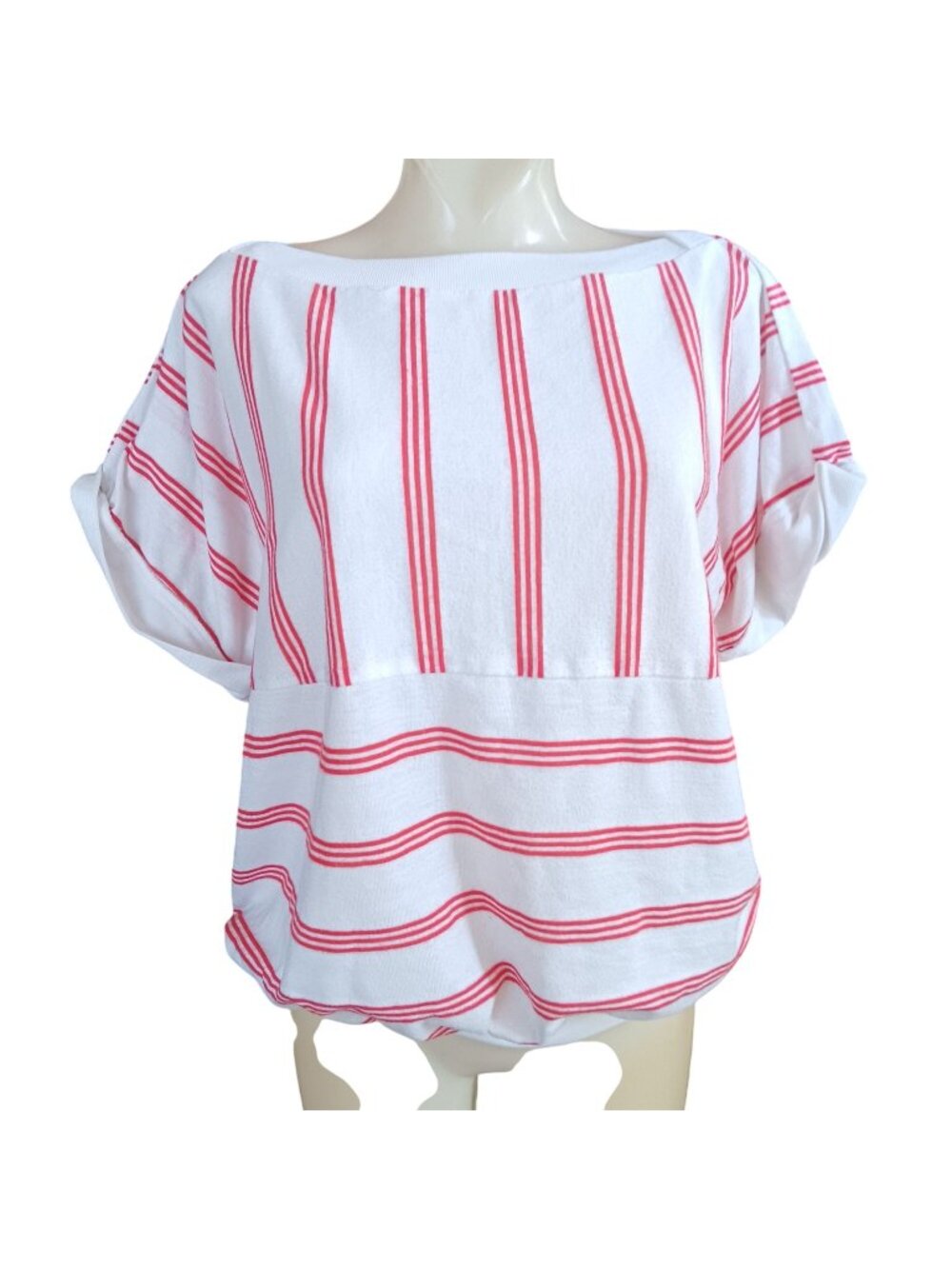 Ms. Tops California XL Vintage Women's Top Red White Striped Short Sleeve Blouse